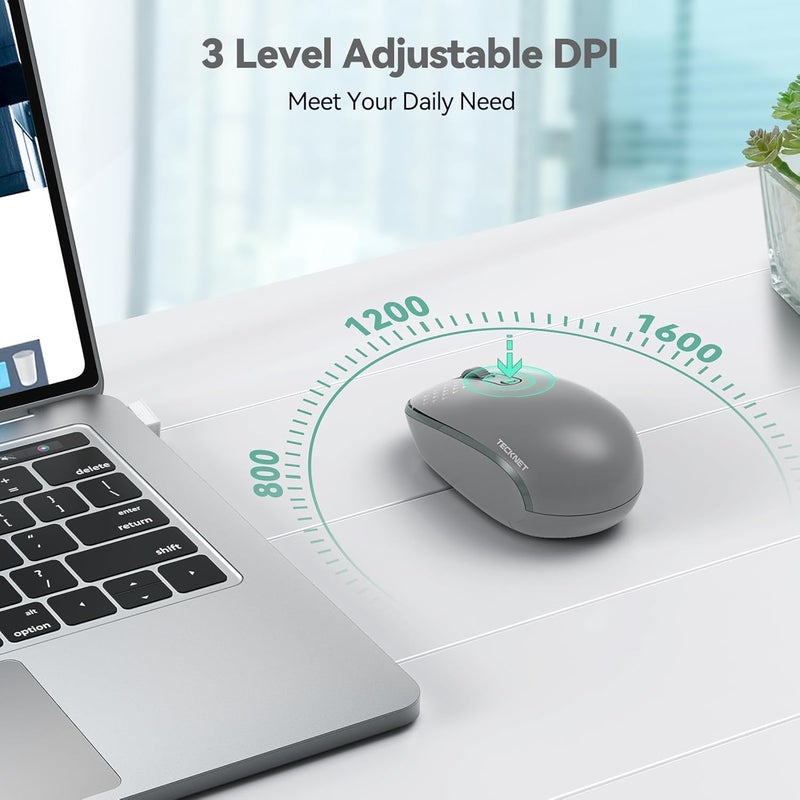 TECKNET Wireless Mouse, 2.4G Quiet Computer Mouse with USB Receiver, 4 Buttons Portable Cordless Mice for Chromebook, Laptop, PC, Mac, 800/1200/1600 DPI - Grey - Image 5